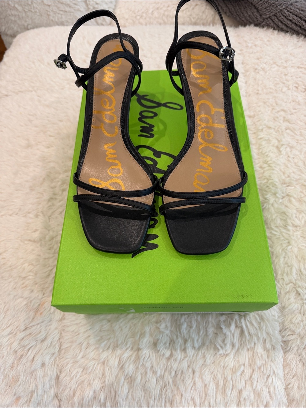 Sam Edelman Black Minimalist Square-Toe Ankle-Strap Heels